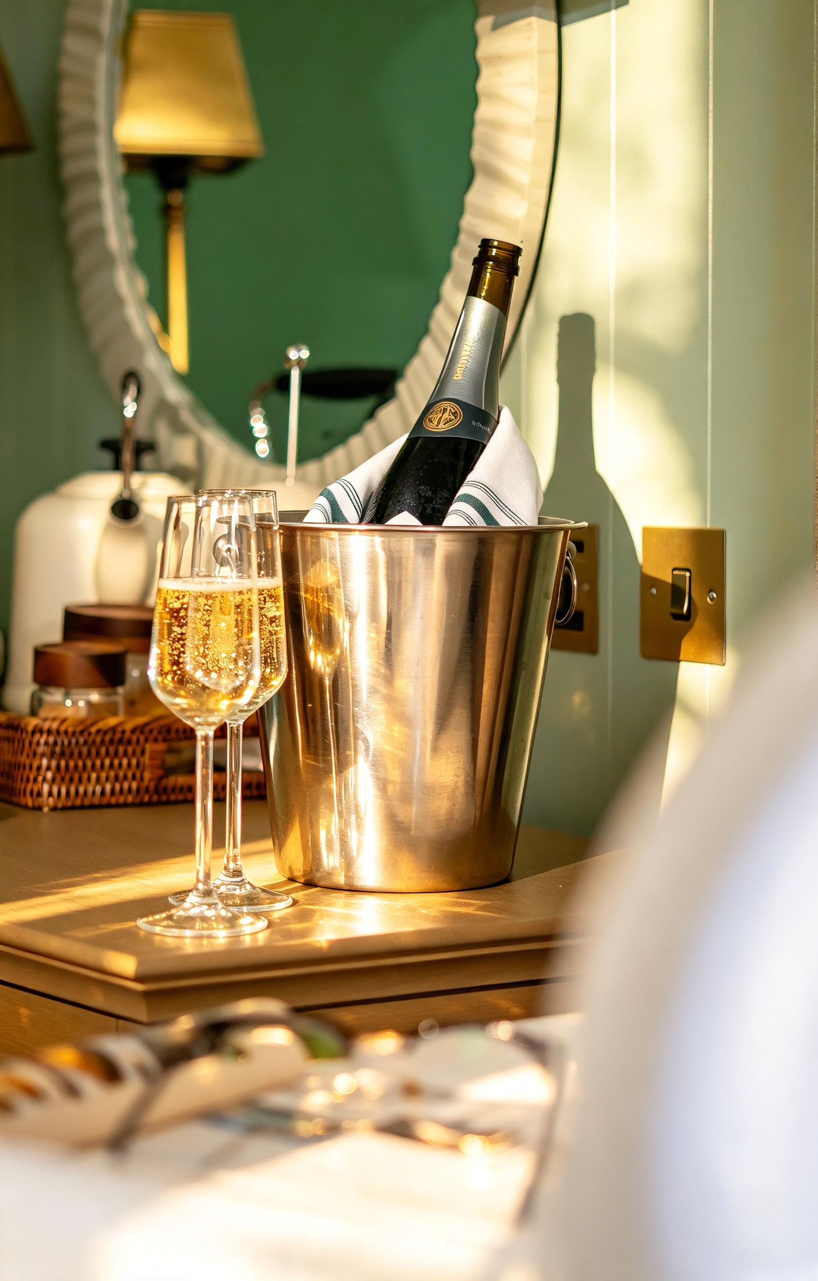Champagne in bucket with glasses filled with champagne