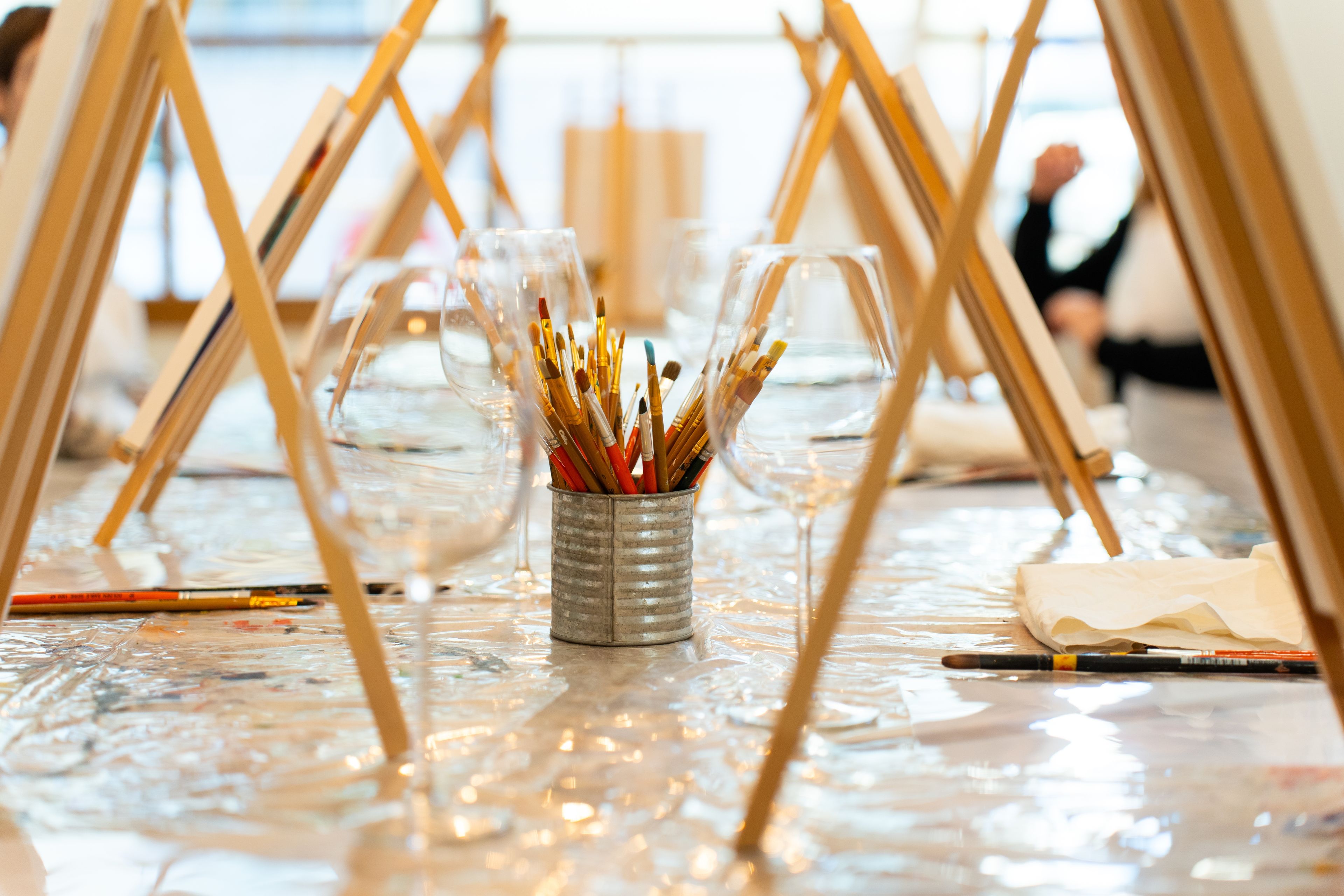 Paintbrushes and canvases